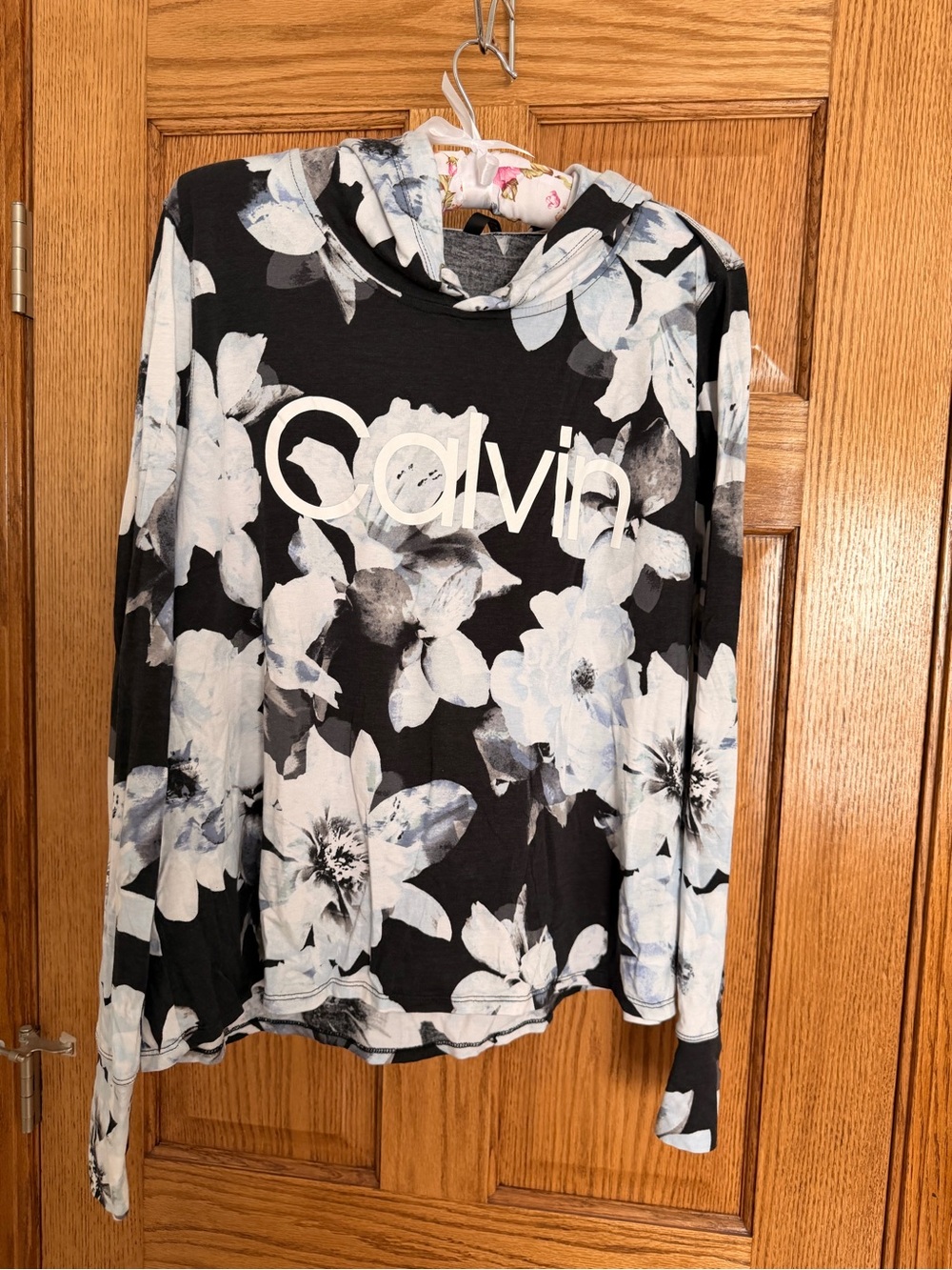 Calvin Klein Black, white and blue Hooded Floral Shirt with White Bloom Print